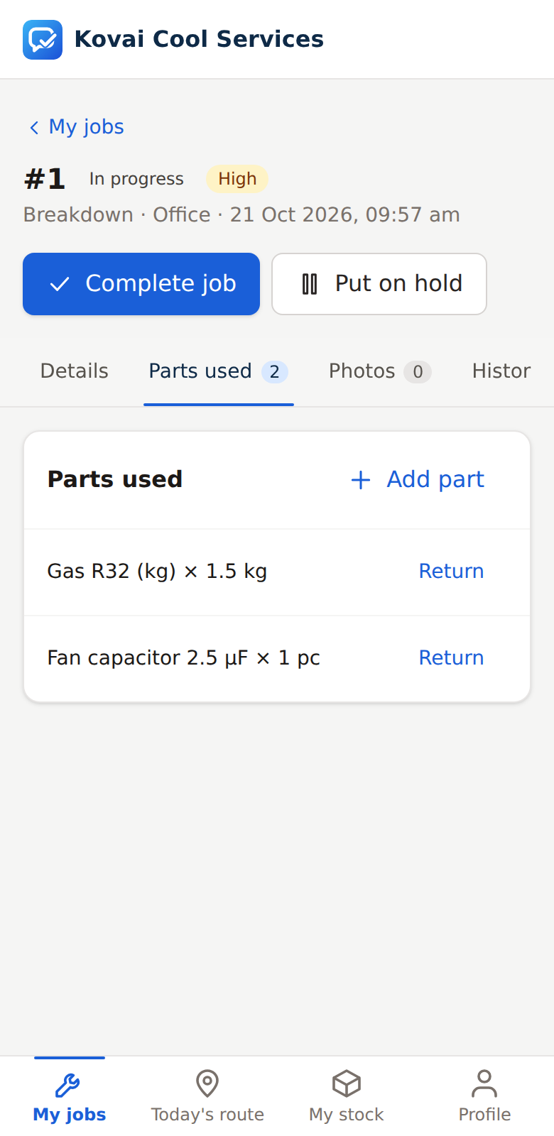 A service job with customer, machine and problem